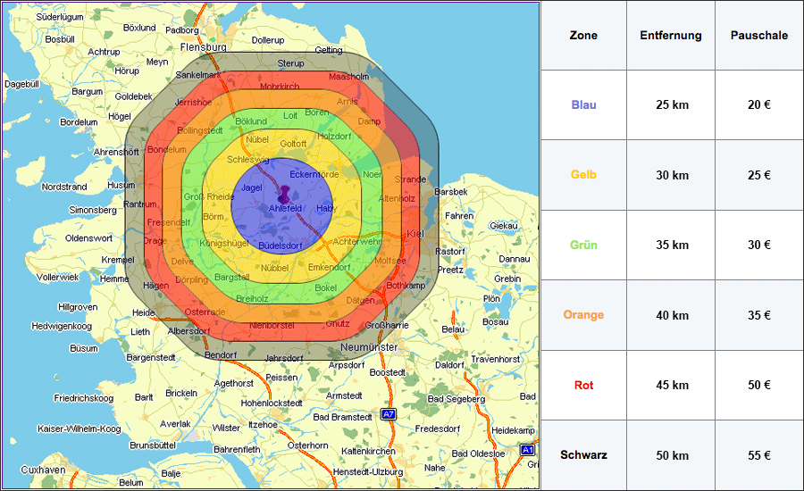 Karte des Liefergebiets von Bech Gartenbaubetriebe rund um Kiel, Rendsburg und Eckernförde. Karte des Liefergebiets von Bech Gartenbaubetriebe rund um Kiel, Rendsburg und Eckernförde.